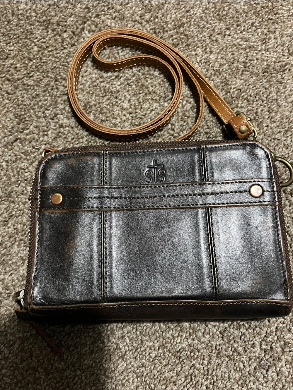 STS Ranchwear Dark Brown Leather Crossbody Wallet with Tan Strap